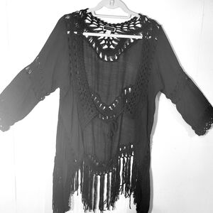 Boho Hippie Whimsygoth Black Crochet Fringe Cover-Up